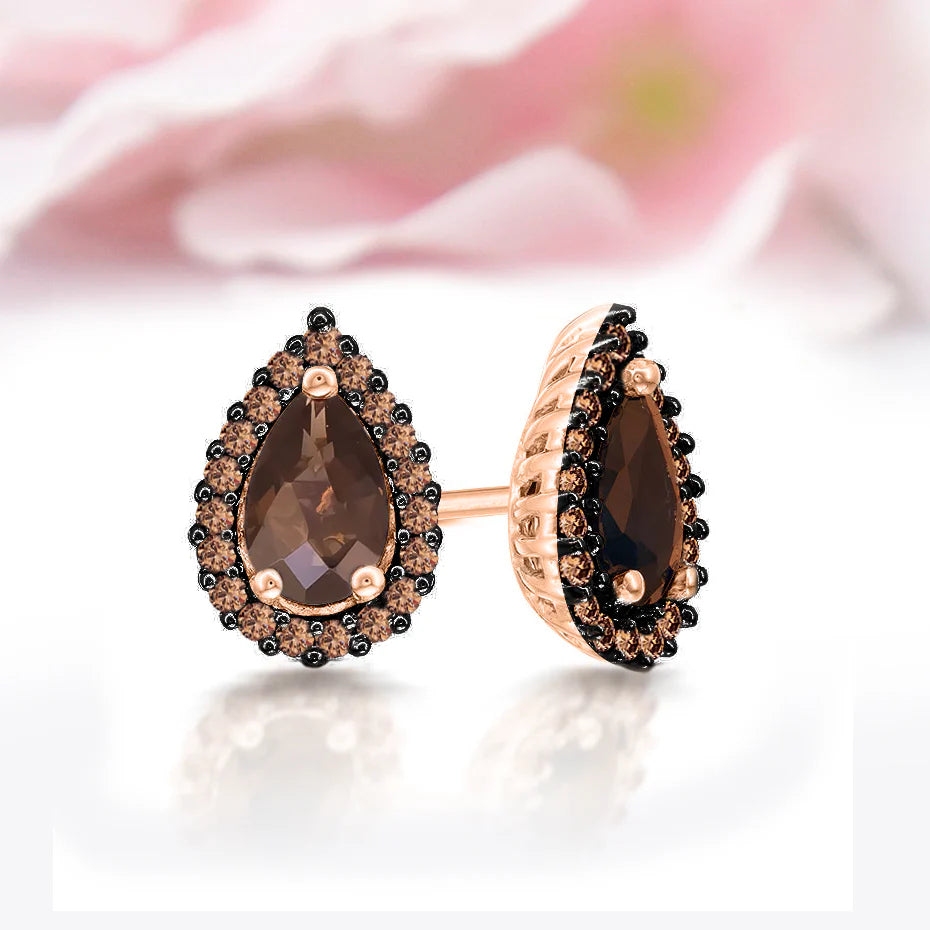 COCOAGLEAM Pear and Round Cut Brown Diamond Halo Stud Delicate Earring in 14K Rose Gold Vermeil