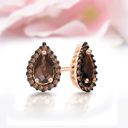 COCOAGLEAM Pear and Round Cut Brown Diamond Halo Stud Delicate Earring in 14K Rose Gold Vermeil