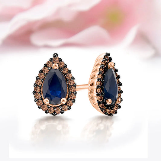 TEAL DREAM Teardrop Blue Sapphire and Brown Diamonds Minimalsit Stud Earrings For Women