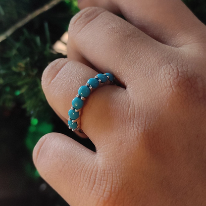 Round Cut Turquoise Half Eternity Band- Curved Ring- 925 Sterling Silver- Turquoise Wedding Ring