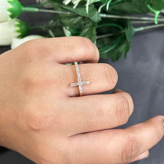 Baguette & Round Cut Diamond Ring- Cross Ring- 925 Sterling Silver- Cross Religious Minimalist Ring