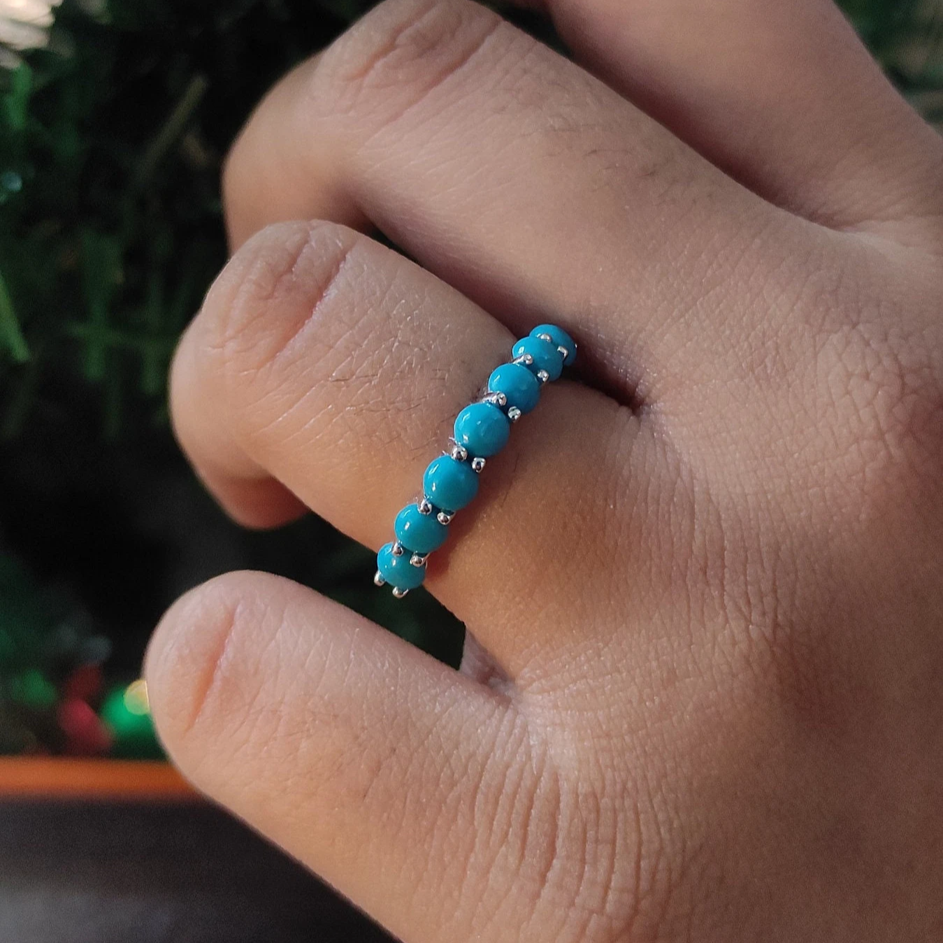 Round Cut Turquoise Half Eternity Band- Curved Ring- 925 Sterling Silver- Turquoise Wedding Ring