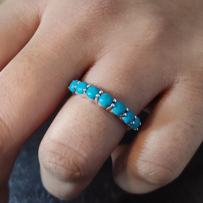 Round Cut Turquoise Half Eternity Band- Curved Ring- 925 Sterling Silver- Turquoise Wedding Ring