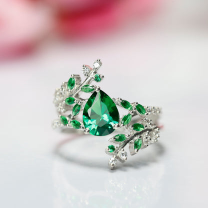 IVY Pear Cut Green Emerald Leaf Wedding Engagement Ring For her in 925 Sterling Silver