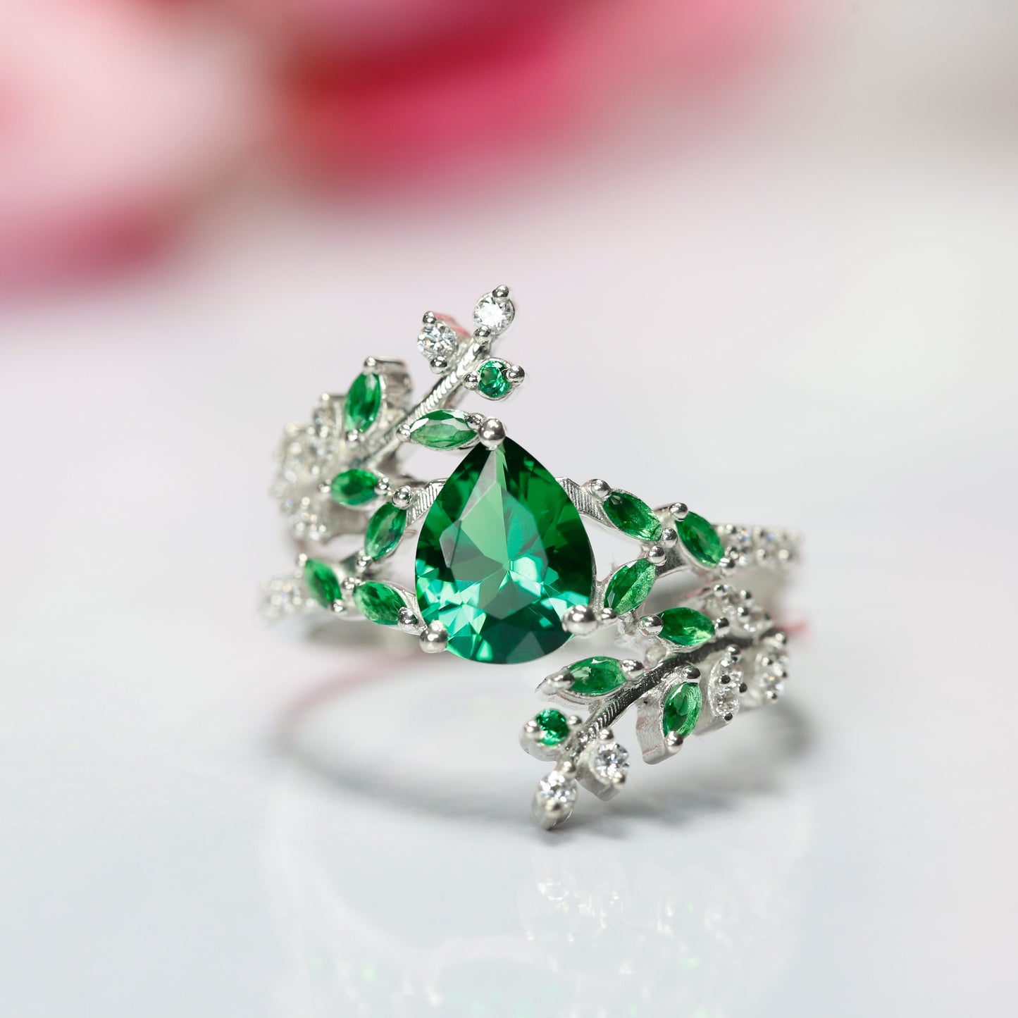 IVY Pear Cut Green Emerald Leaf Wedding Engagement Ring For her in 925 Sterling Silver