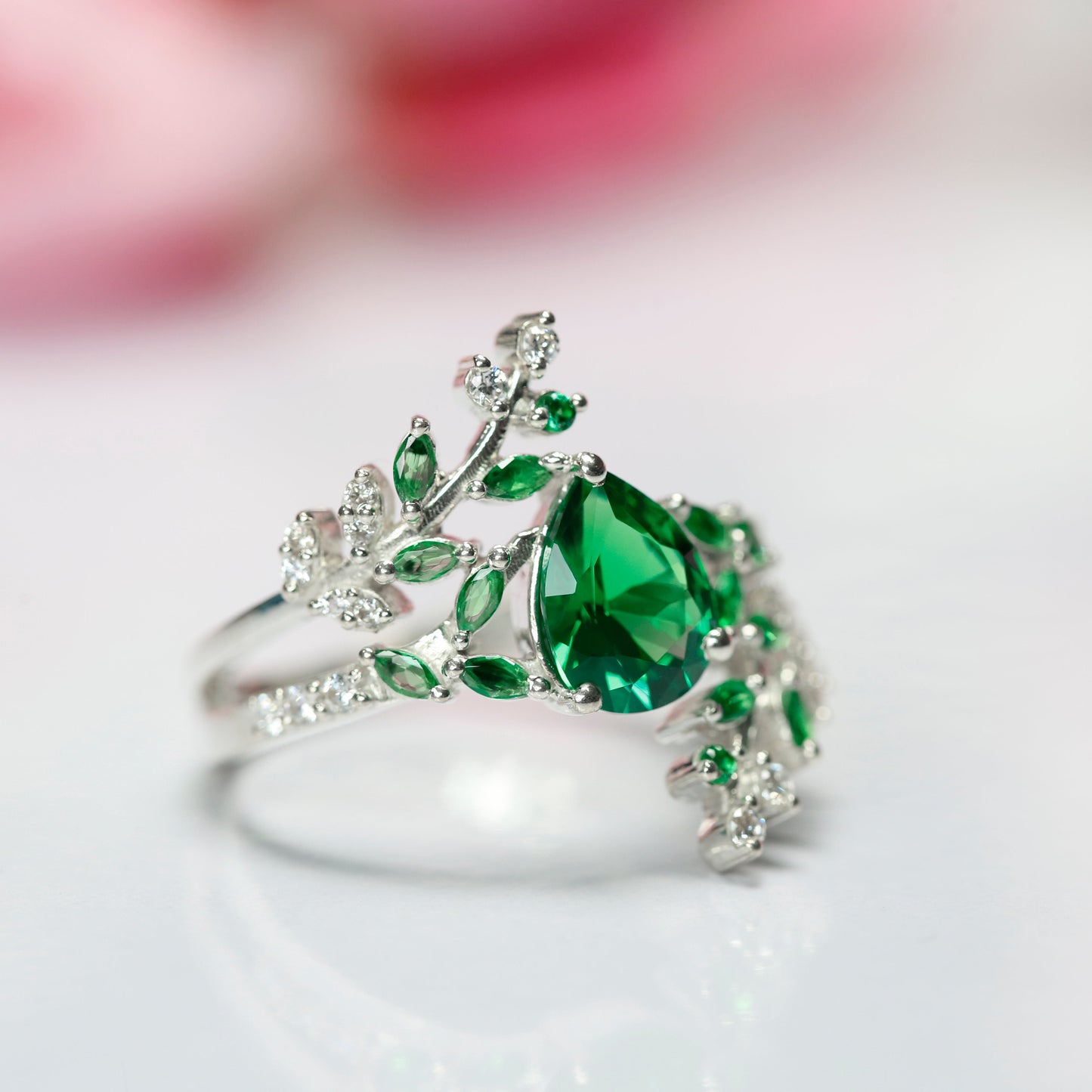 IVY Pear Cut Green Emerald Leaf Wedding Engagement Ring For her in 925 Sterling Silver