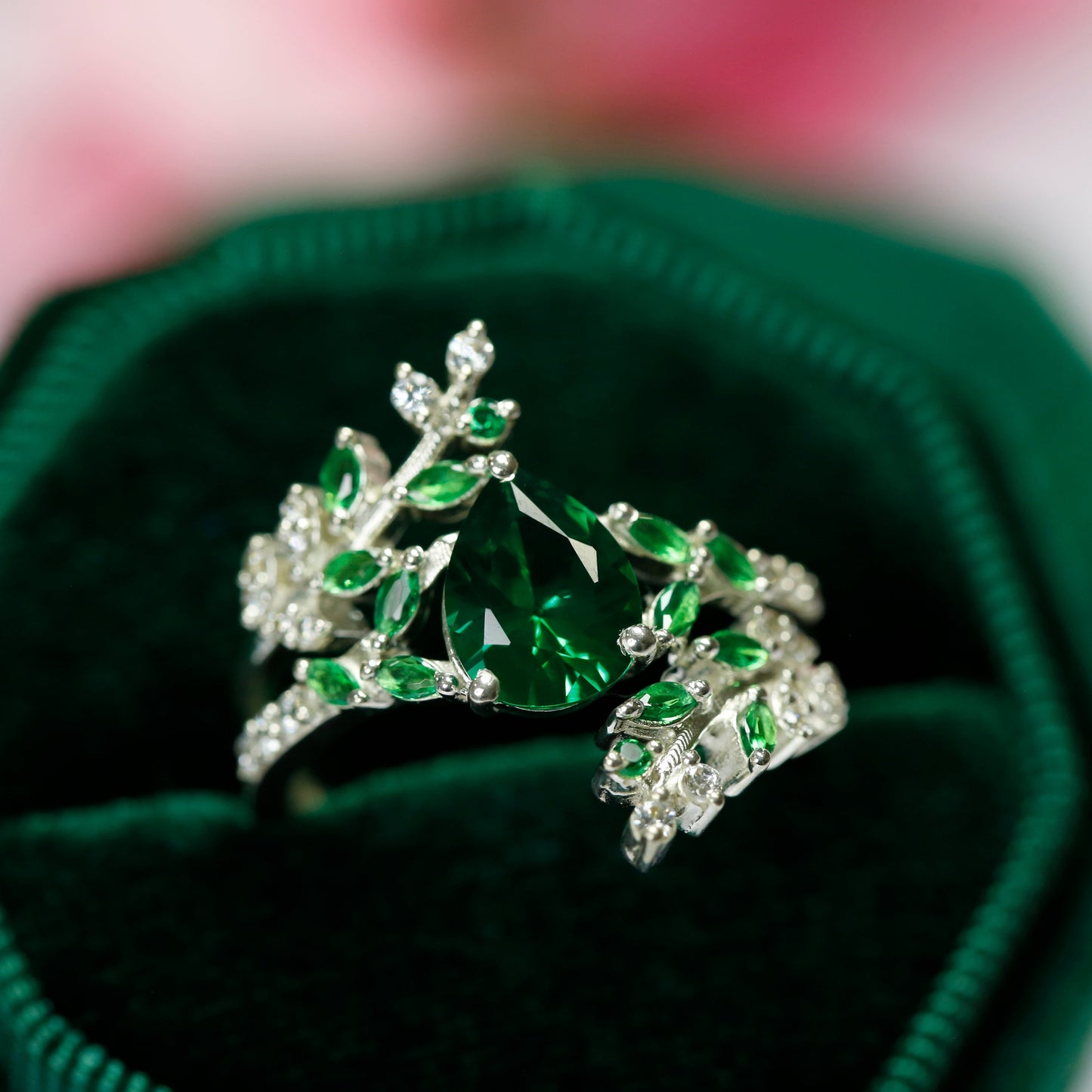 IVY Pear Cut Green Emerald Leaf Wedding Engagement Ring For her in 925 Sterling Silver