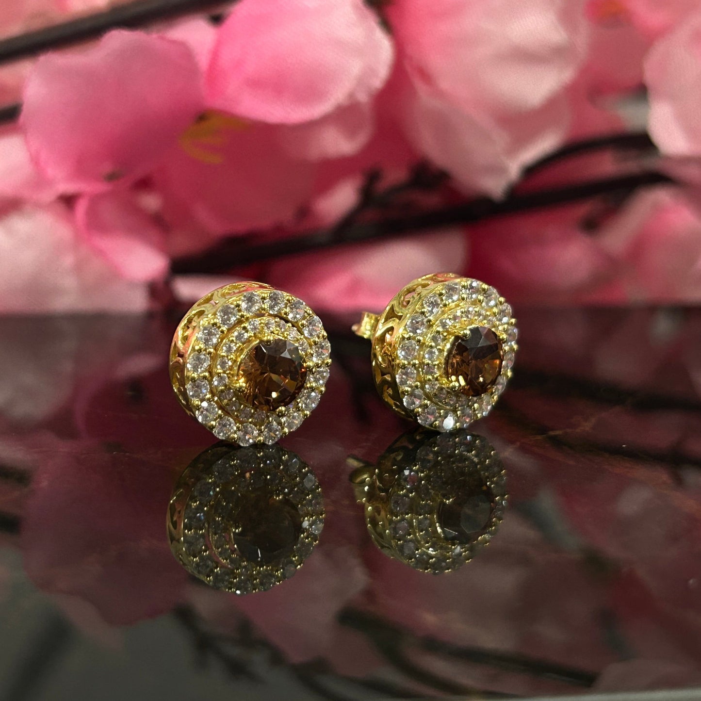 SCARLET Natural Champagne Diamond Double Halo Stud Earrings in 14K Yellow Gold Vermeil