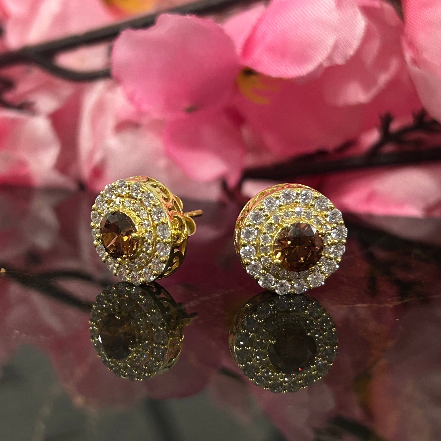 SCARLET Natural Champagne Diamond Double Halo Stud Earrings in 14K Yellow Gold Vermeil