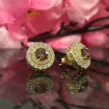 SCARLET Natural Champagne Diamond Double Halo Stud Earrings in 14K Yellow Gold Vermeil