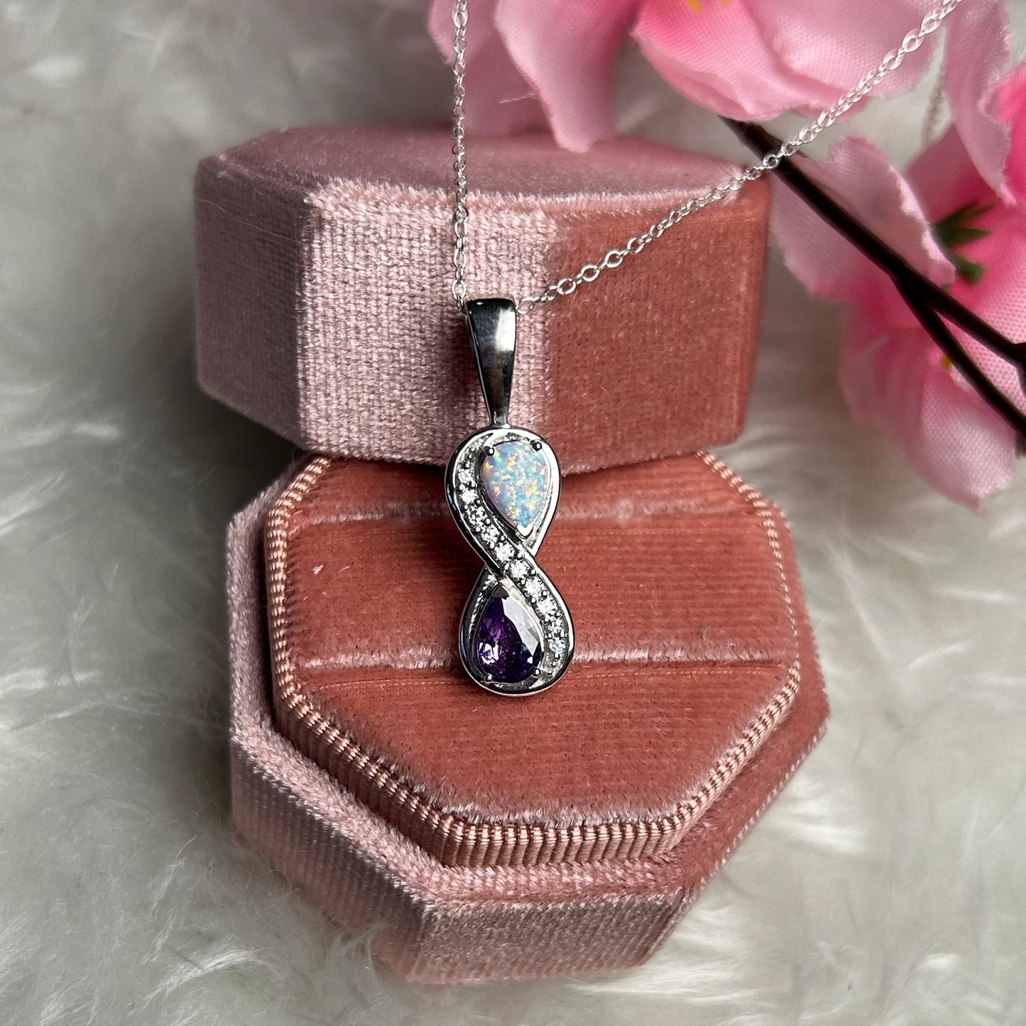 AURA Love knot Fire Opal & Amethyst Infinity Pendant Necklace in 925 Sterling Silver