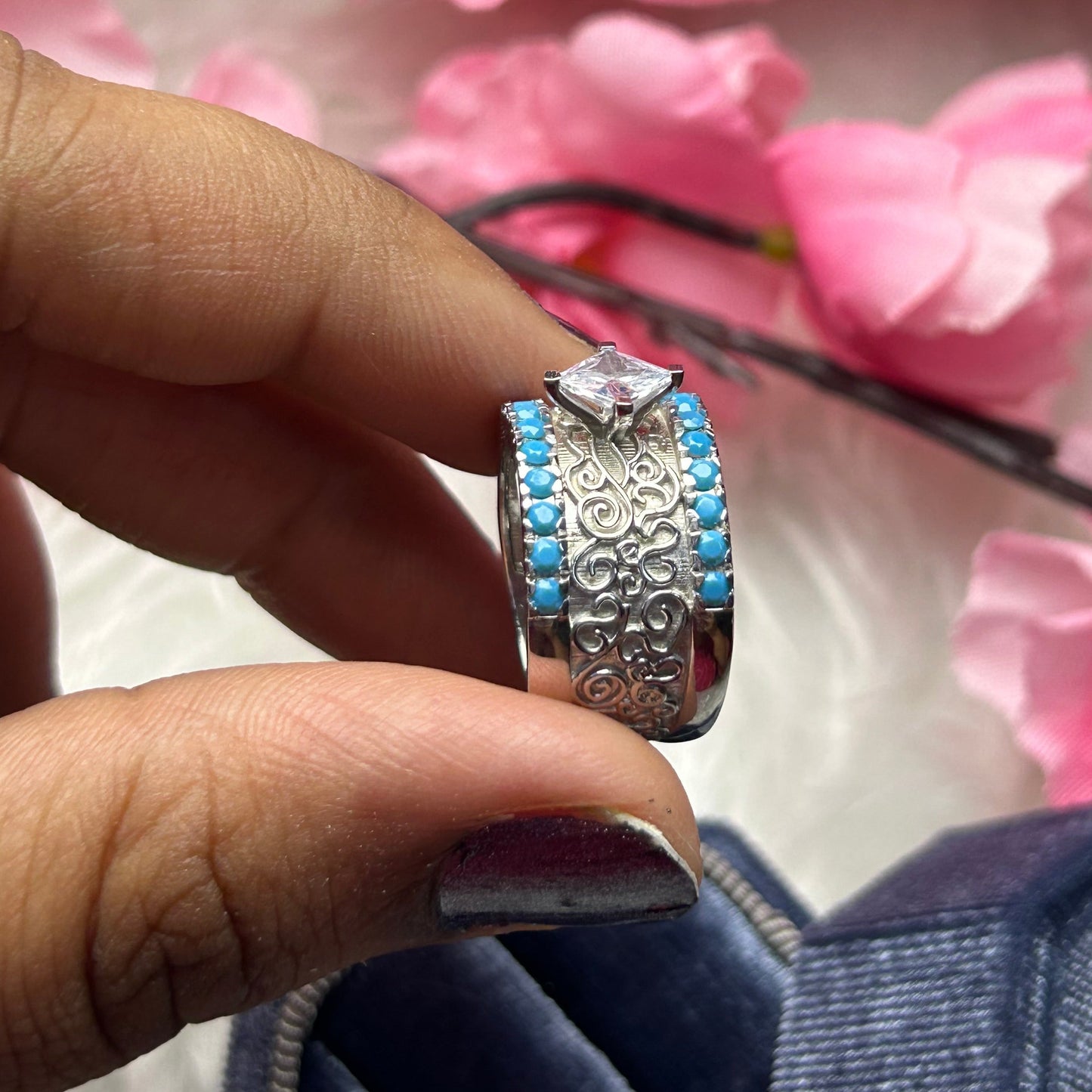 SKY Round Cut Turquoise band- Princess Cut White Dimond Antique Wedding Ring