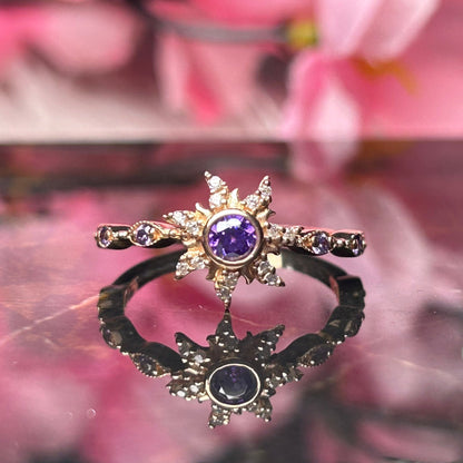 Custom Made Purple Amethyst Rapunzel Inspired Magic Sunflower Wedding Ring in 925 Sterling Silver