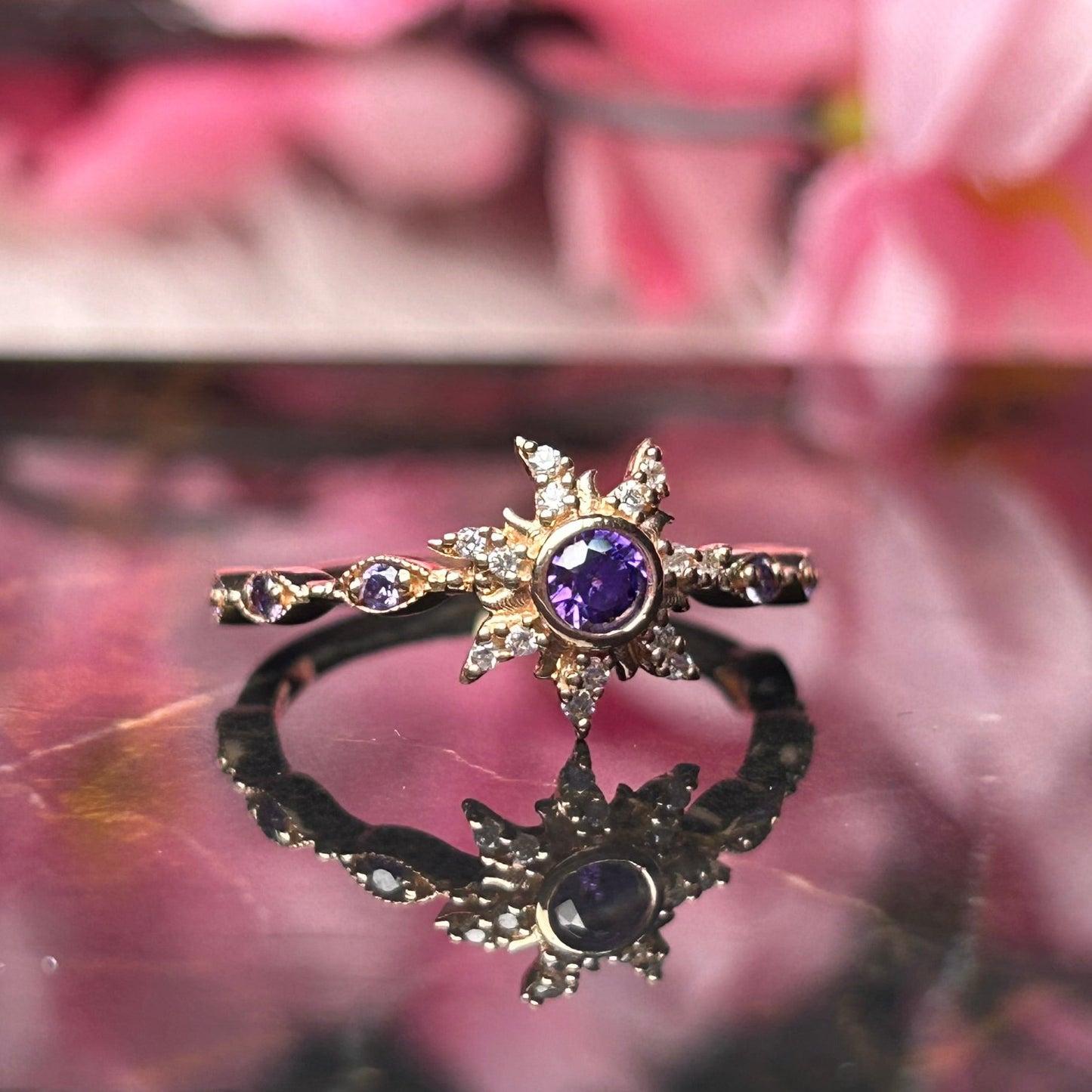 Custom Made Purple Amethyst Rapunzel Inspired Magic Sunflower Wedding Ring in 925 Sterling Silver