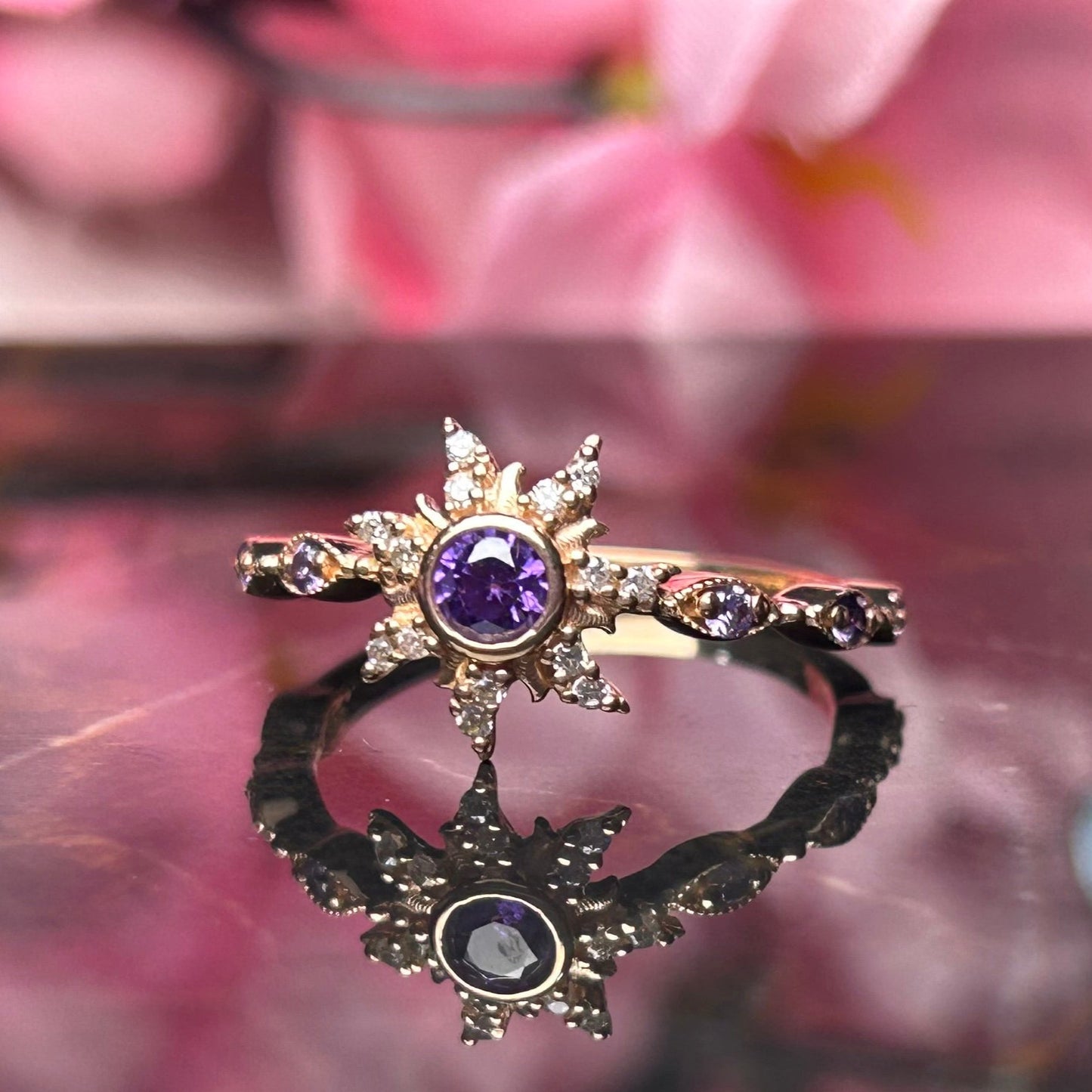 Custom Made Purple Amethyst Rapunzel Inspired Magic Sunflower Wedding Ring in 925 Sterling Silver