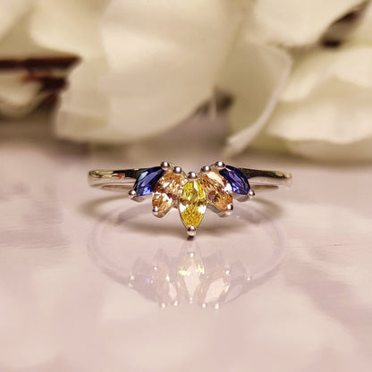 SUNSET Citrine, Champagne Diamond and Sapphire Curved Band Engagement Ring- Trio Birthstone Ring