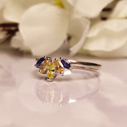 SUNSET Citrine, Champagne Diamond and Sapphire Curved Band Engagement Ring- Trio Birthstone Ring