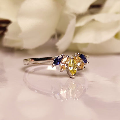 SUNSET Citrine, Champagne Diamond and Sapphire Curved Band Engagement Ring- Trio Birthstone Ring