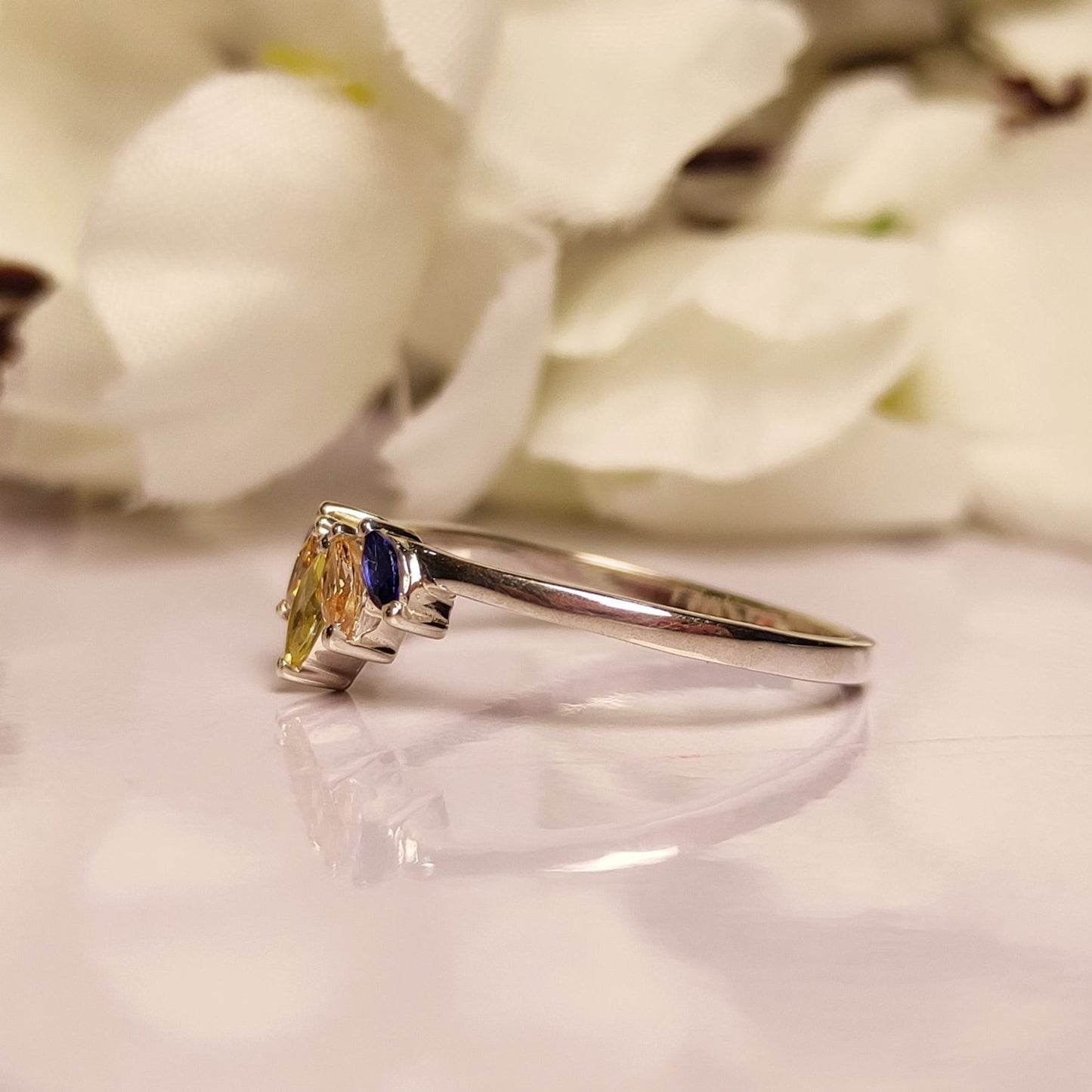 SUNSET Citrine, Champagne Diamond and Sapphire Curved Band Engagement Ring- Trio Birthstone Ring