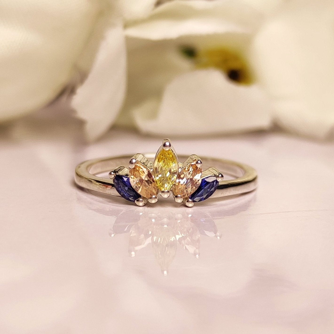 SUNSET Citrine, Champagne Diamond and Sapphire Curved Band Engagement Ring- Trio Birthstone Ring