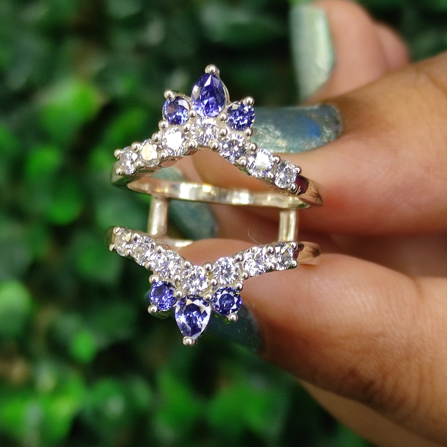 0.59CT Tanzanite and White Diamond Ring Guard- Wedding Ring Jacket in 925 Sterling Silver