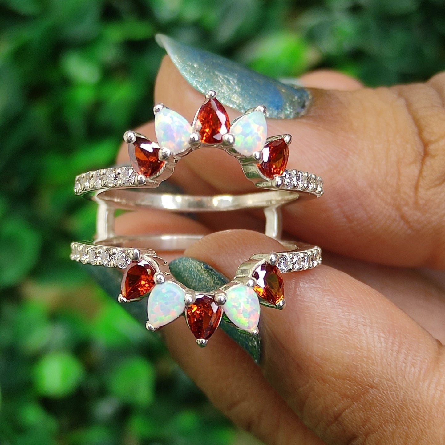 AURA Pear Cut Garnet and Fire Opal Ring Guard- January/October Birthstone- Couple Birthsotne Ring