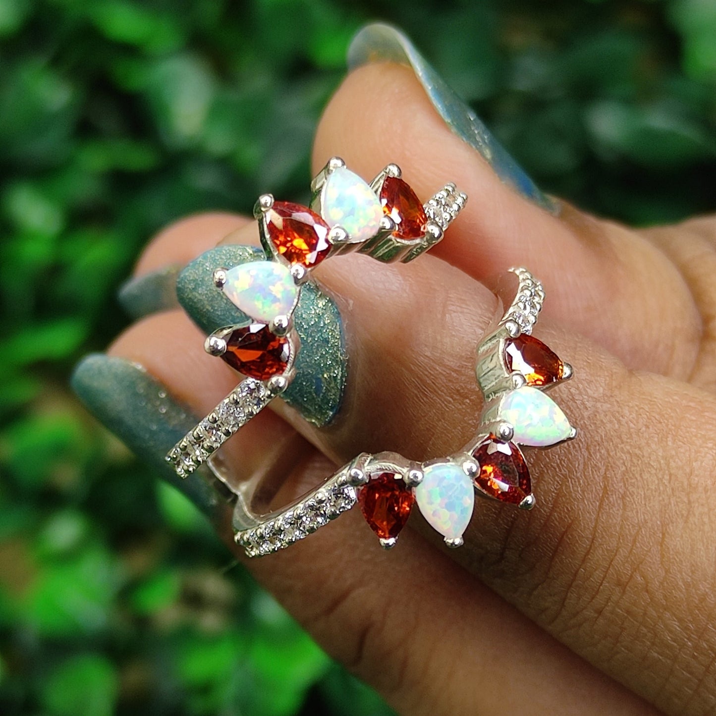 AURA Pear Cut Garnet and Fire Opal Ring Guard- January/October Birthstone- Couple Birthsotne Ring