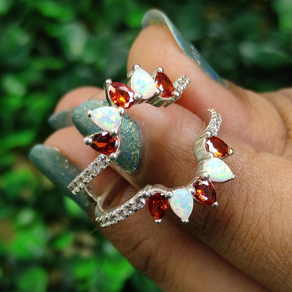 AURA Pear Cut Garnet and Fire Opal Ring Guard- January/October Birthstone- Couple Birthsotne Ring