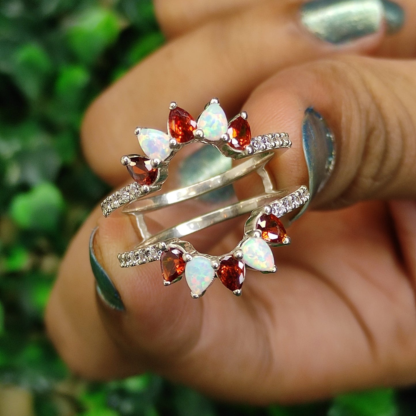 AURA Pear Cut Garnet and Fire Opal Ring Guard- January/October Birthstone- Couple Birthsotne Ring