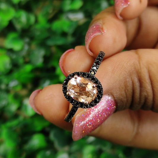 BLUSHFYRE Oval Cut Peach Morganite Ring- Halo Black Diamond Engagment Ring- Promise Ring Gift For Her