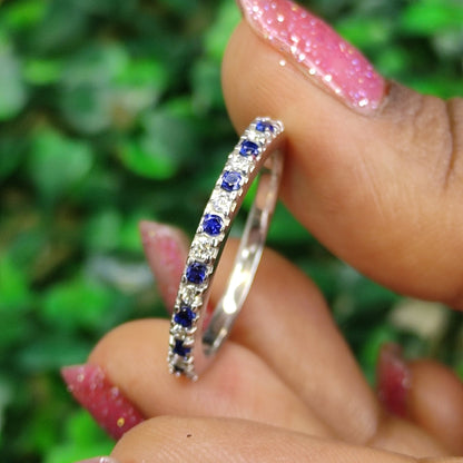 AURORA White Diamond Blue Sapphire Pave Band Half Eternity Alternating Sapphire Diamond Stack Ring