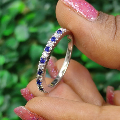 AURORA White Diamond Blue Sapphire Pave Band Half Eternity Alternating Sapphire Diamond Stack Ring