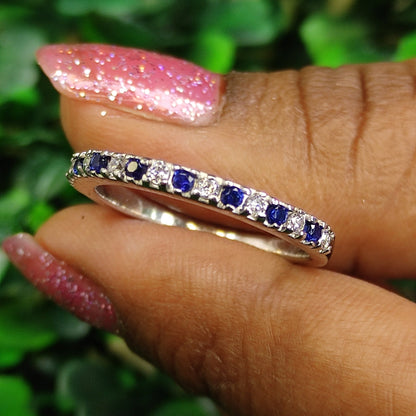 AURORA White Diamond Blue Sapphire Pave Band Half Eternity Alternating Sapphire Diamond Stack Ring