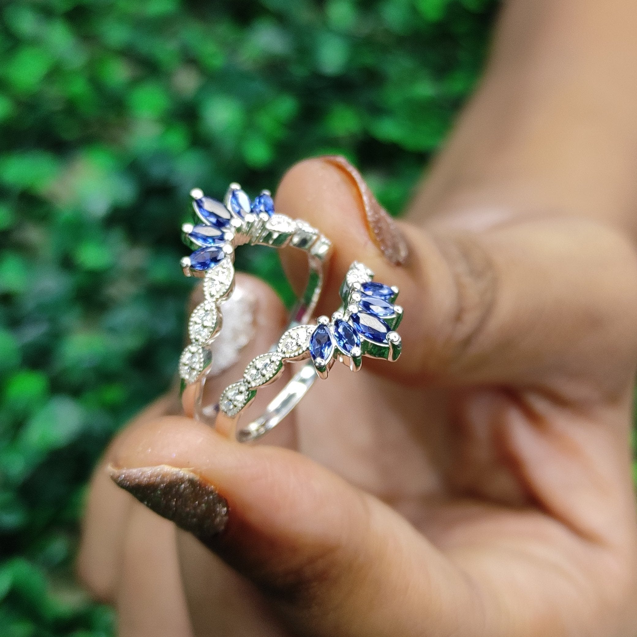 Vintage Blue and White Sapphire Wedding Engagement Ring Guard Wrap Ban KARA