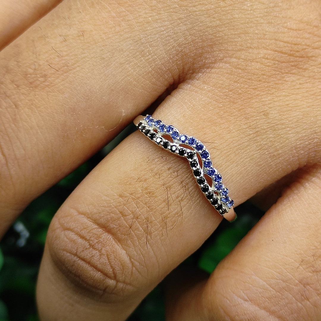 SKYE Blue Sapphire and Black Diamond Curved Engagement Ring- Birthstone Band in 925 Sterling Silver