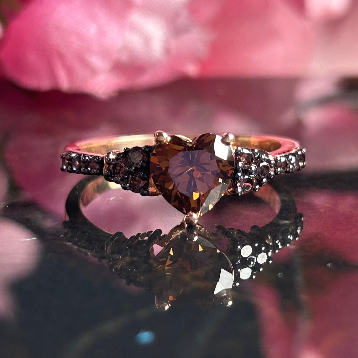 EARTHY Heart Cut Natural Champagne Diamond Ring 14K Rose Gold Vermeil Brown Diamond Band Ring
