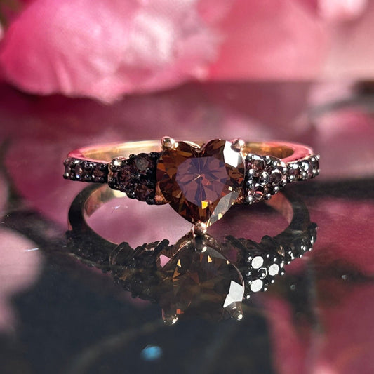 EARTHY Heart Cut Natural Champagne Diamond Ring 14K Rose Gold Vermeil Brown Diamond Band Ring