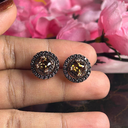 2.20Ct Cushion Cut Natural Champagne Brown Diamond Studs- Halo Brown Diamond earrings