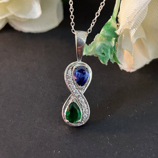 Blue Sapphire and Green Emerald Infinity Pendant Necklace- Love Knot Pendant with 18" Chain Birthstone Pendant