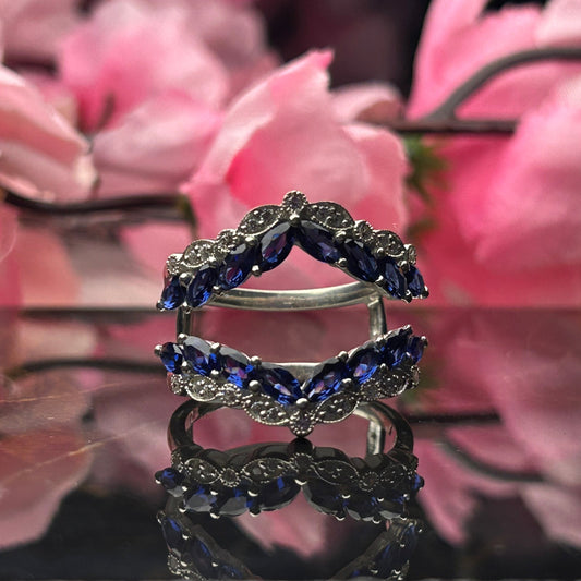 BLUE ZENITH Art Deco Blue and White Sapphire Ring Guard in 925 Sterling Silver Wedding Ring Enhance