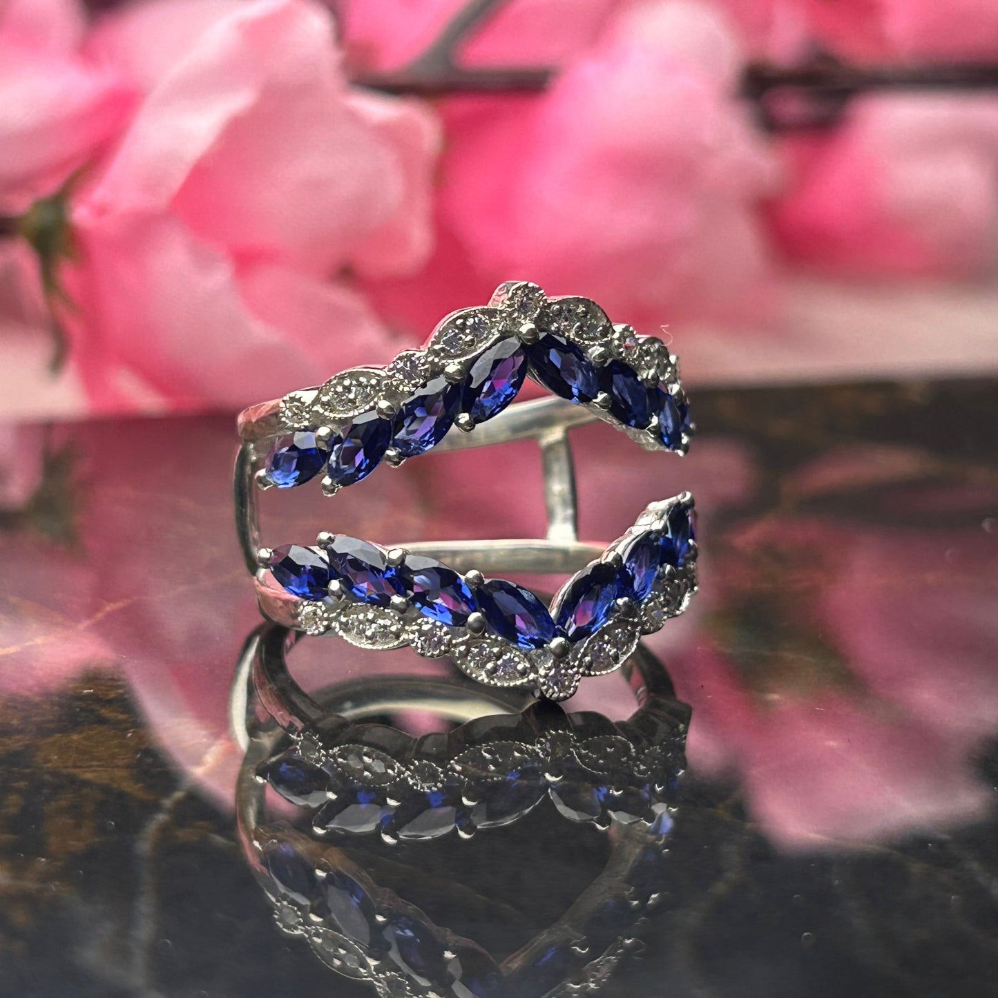 BLUE ZENITH Art Deco Blue and White Sapphire Ring Guard in 925 Sterling Silver Wedding Ring Enhance