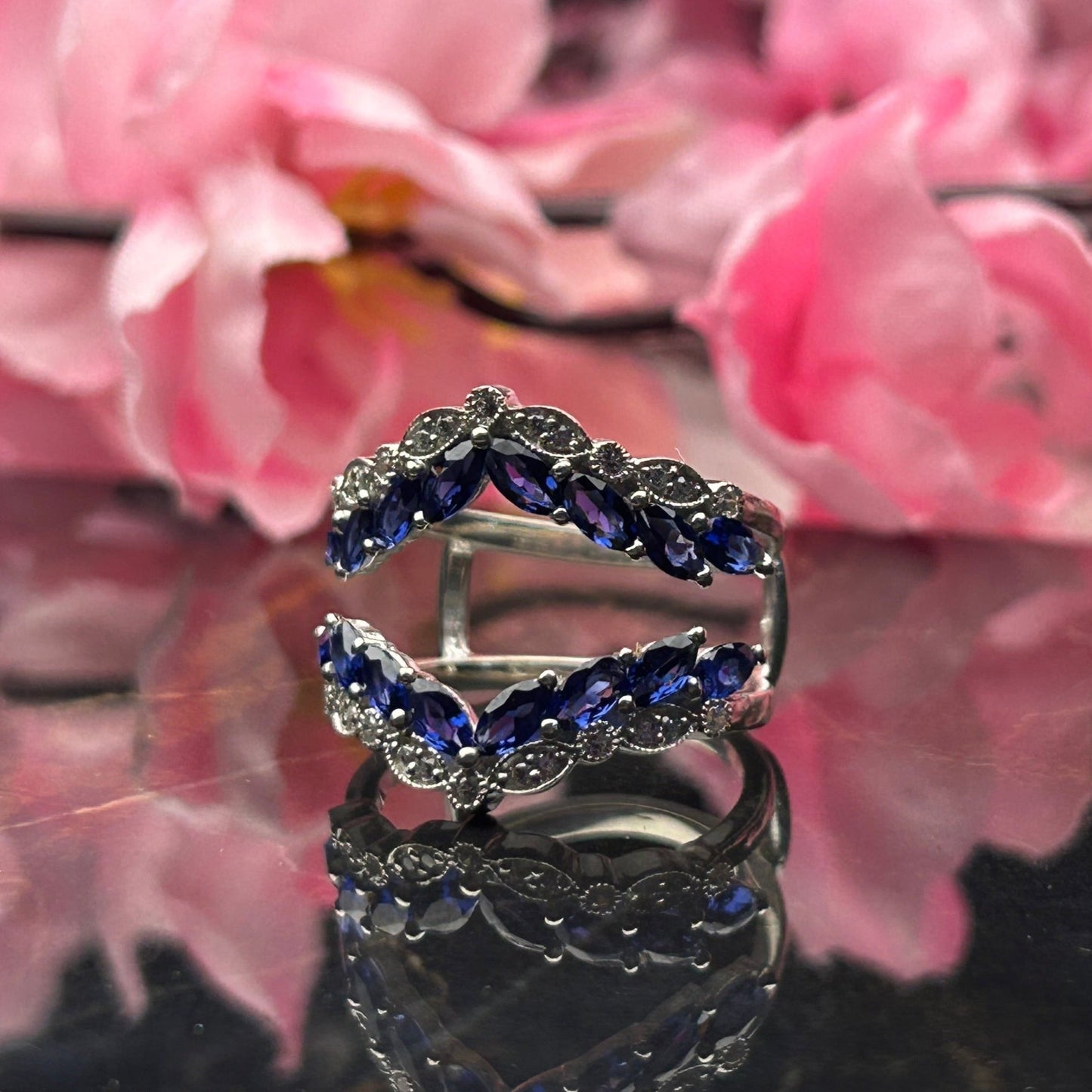 BLUE ZENITH Art Deco Blue and White Sapphire Ring Guard in 925 Sterling Silver Wedding Ring Enhance