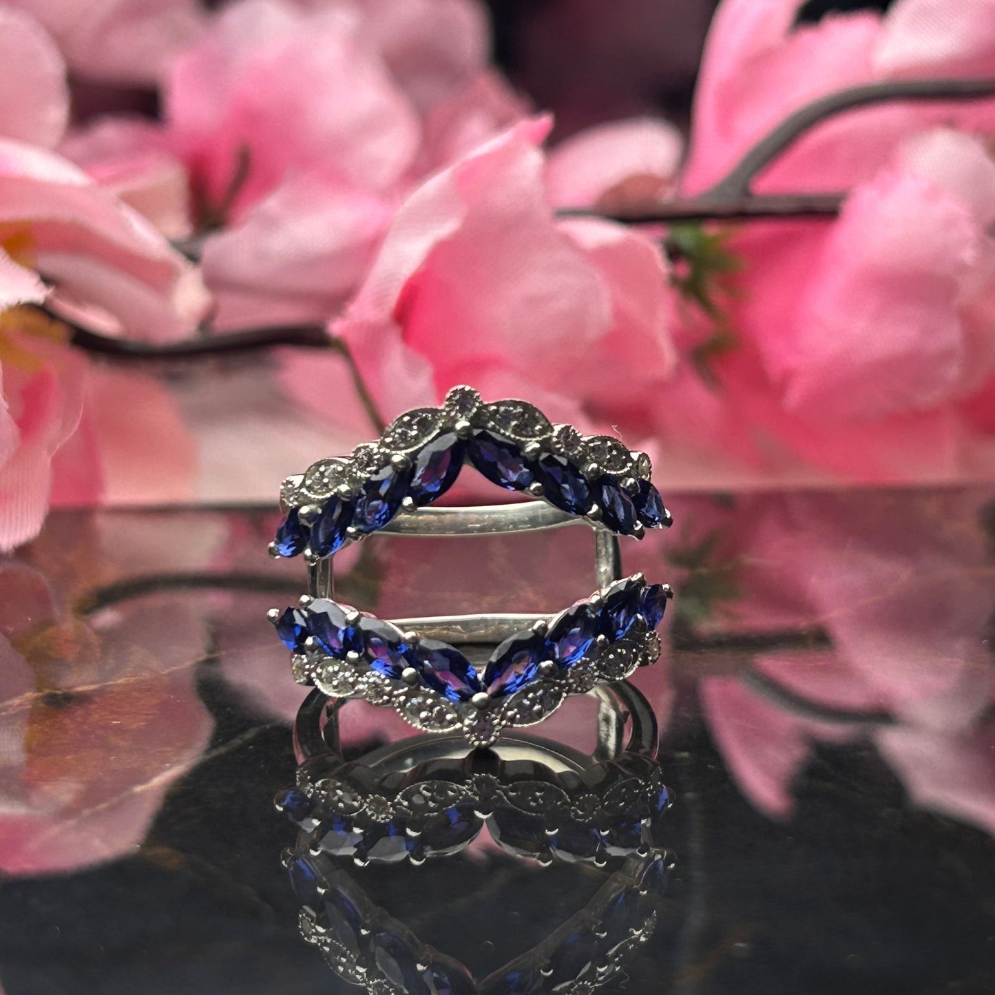 BLUE ZENITH Art Deco Blue and White Sapphire Ring Guard in 925 Sterling Silver Wedding Ring Enhance