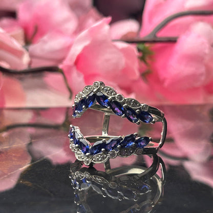 BLUE ZENITH Art Deco Blue and White Sapphire Ring Guard in 925 Sterling Silver Wedding Ring Enhance