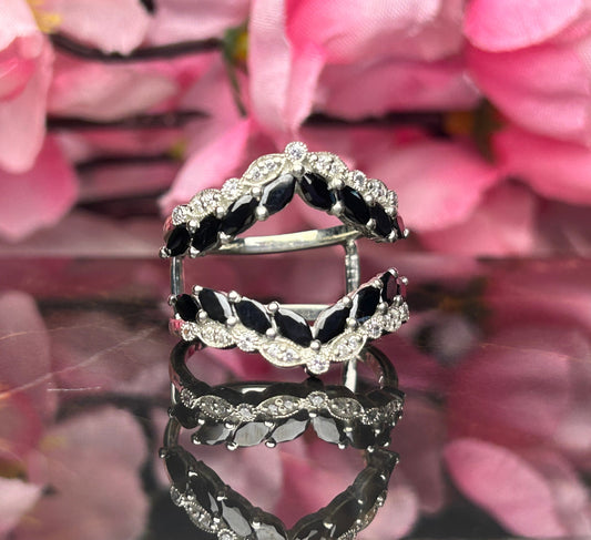 Vintage Ring Guard- Chaqueta de anillo de diamante blanco y ónix negro 925 plata de ley para mujer 