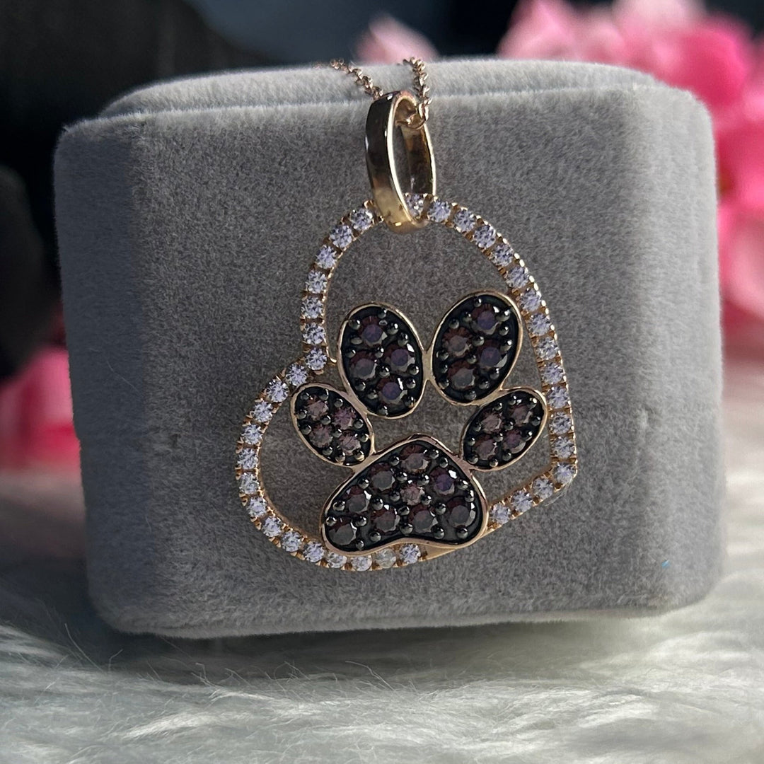 Brown Diamond and White Diampnd Paw Pendant- Animal Lover Necklace- Heart Shaped Pendane with 18" Chain