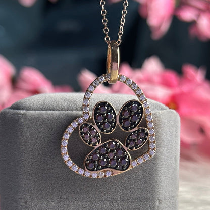 Brown Diamond and White Diampnd Paw Pendant- Animal Lover Necklace- Heart Shaped Pendane with 18" Chain