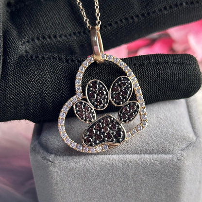 Brown Diamond and White Diampnd Paw Pendant- Animal Lover Necklace- Heart Shaped Pendane with 18" Chain