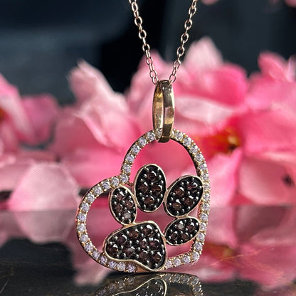 Brown Diamond and White Diampnd Paw Pendant- Animal Lover Necklace- Heart Shaped Pendane with 18" Chain