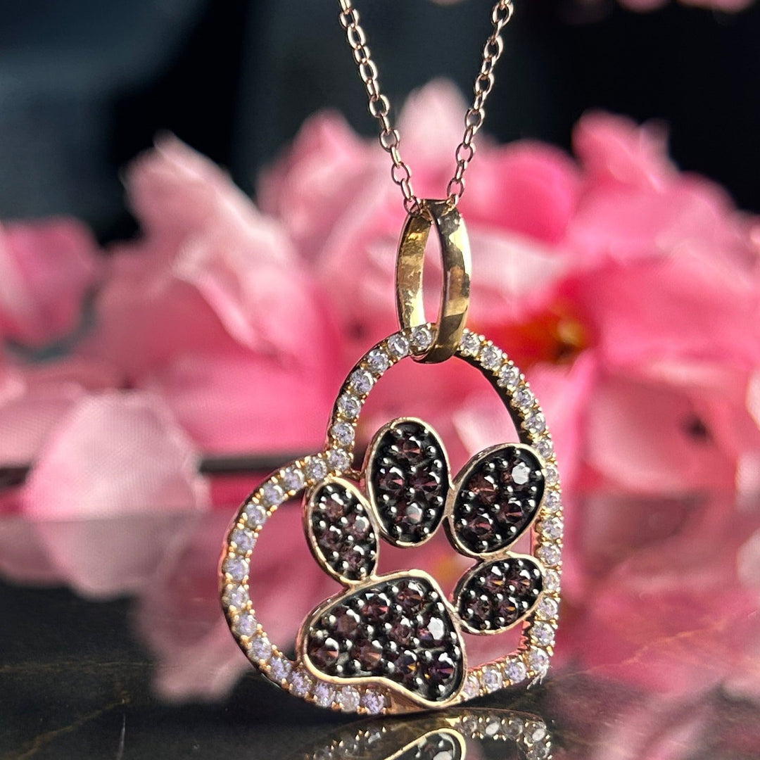 Brown Diamond and White Diampnd Paw Pendant- Animal Lover Necklace- Heart Shaped Pendane with 18" Chain